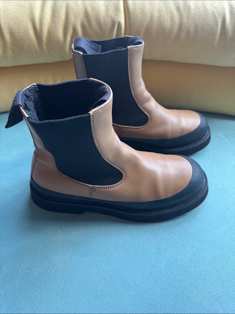 Authentic Celine Paris Leather Chelsea Boots Camel/Black Made in Italy Estimated